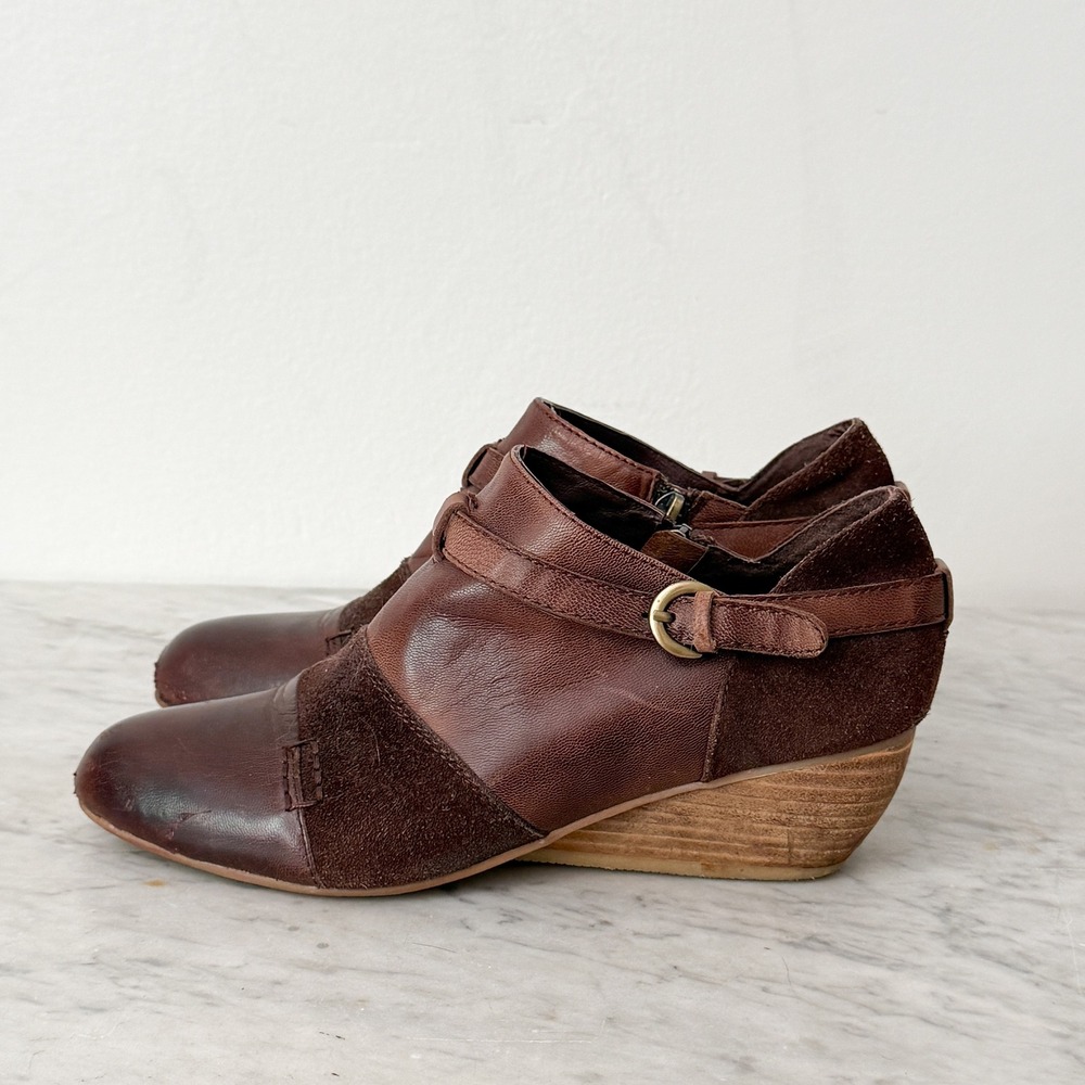 Antelope Leather Suede Wedge Booties Ankle Boots‎ Brown Buckle Zip 39 8.5